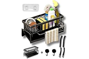 ZANDIA®️ Organizador Fregadero Cocina Negro + Soporte Adhesivo Pared + 2 Colgadores Adhesivos + 2 Cepillos Limpieza Cocina | Organizador Fregadero Con Drenaje | Soporte Esponja | Baño Y Cocina