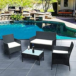 Anaelle Panana Ensemble Table en Verre + 3 Chaises en Rotin PVC Moderne -Imperméable à l'eau -Résistant aux Rayons UV pour Jardin, Balcon, Terrasse, Poids: 25kg (Noir)