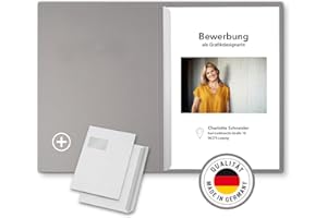 STRATAG 3 Stück 2-teilige Bewerbungsmappen Grau mit 1 Klemmschiene in feinster Lederstruktur - inkl. 3 Versandumschläge im C4-Format mit Fenster
