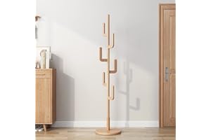 KungFuWood Appendiabiti da Terra, Appendiabiti da Ingresso Legno Design Unico del Cactus con 6 Ganci, Robusto e Facile da Montare, per Corridoio, Camera da Letto e Ufficio (Colore legno)