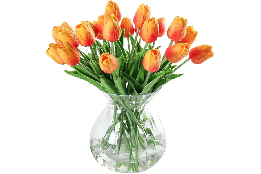 JUSTOYOU 10pcs Real Touch Latex Artificial Tulips Flowers Fake Tulips Flowers Wedding Bouquets for Wedding Home Garden Decoration (Orange)