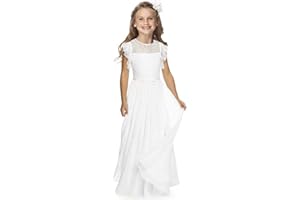 AIBAOWEDDING Boho Abito lungo in pizzo per bambini, in chiffon, con cintura e maniche corte, a farfalla/chic, linea ad A, per comunione, damigelle d'onore, per ragazze 2-12 anni