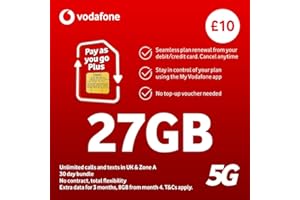 PATHFINDERGTM LTD Vodafone Pay As You Go Plus SIM, 27GB Data, Unlimited UK Calls & Texts, 30 Days, 5G