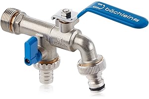 Bächlein Grifo Universal Doble para el Jardín, Azul, Incluye 2 conexiones de Manguera, Válvula de Bola con Conexión de 1/2 y 3/4 de Pulgada, Grifo de Salida Exterior
