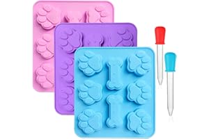 CKANDAY 3 confezioni Stampi in silicone da per cani e stampi a forma di osso stampi 2 in 1 e contagocce liquidi graduati in 2 pezzi, 8 cavità, vassoi di ghiaccio riutilizzabili biscotti al cioccolato Torta