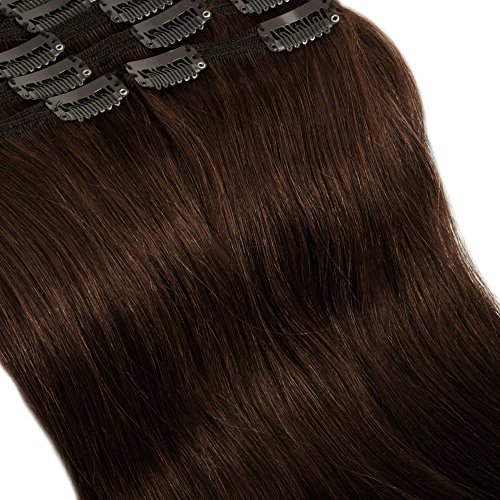 Deluxe Double Weft Remy Human Hair Clip in Extensions Full Head Set 8 Pieces 10"-22" Grade 7A Real Natural Long Straight Silky Soft(18"-140g,#2 Dark Brown)