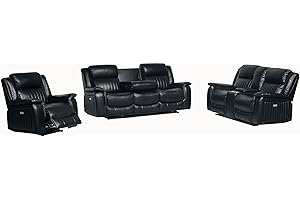 Emporium Furniture Electric Recliner Premium Leather 3 2 Seater Sofas Couches & Armchair reclining seats cup holders USB charging ports & wireless charging pad (Black, 3 + 2+ 1)