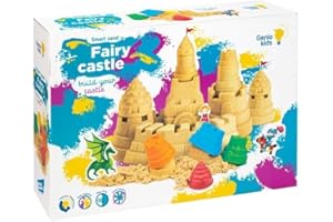 Genio Kids Juego de Arena Mágica Natural para Niños - 1 kg de Arena Moldeable con Arenero y 4 Moldes de Castillo, Juguete Educativo y Sensorial, Regalo Ideal para Niños de 3 a 9 Años