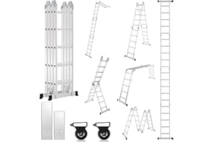 Lospitch Escalera multiuso, 4 x 5, 582 cm, 7 en 1, con 2 plataformas, escalera multiuso de aluminio, con 2 ruedas de transporte hasta 150 kg, escalera de trabajo, 20 peldaños, plateado