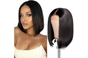 AiPliantfis Bob Wig Women's Bob Wig Human Hair Wig Straight Natural Brazilian with Baby Hair Natural Black 4x4 Lace Grade 8A Unprocessed Virgin Brazilian Remy Hair 10 Inches