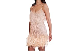 AEGJEGVD Women Flapper Strap Dresses 1920s Gatsby Sequins Tassels Flapper Sexy Cocktail Latin Dance Ballroom Dress Fringe Sparkly Party Dress Tiered Layered Sequins Sleeveless Solid Dresses
