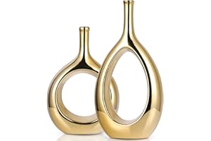 LCCCK Set di 2 Vasi Moderni Decorativi in Ceramica Placcato Oro, Vaso Dorato con Design Aperto Centrale, Centrotavola Elegante per Soggiorno, Sala da Pranzo, Camera da Letto e Ingresso - Altezza 30.5 cm