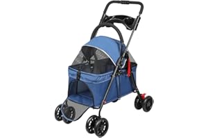 HUOLE Poussette buggy pliable chien chat panier rangement porte-gobelets tissu 300D Oxford imperméable 4 roues, Animaux Voyage Poussette pour Chien,(G) 97 x 49 x 69 cm – Bleu