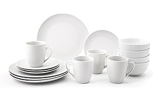 SIMPA 16PC Dinnerware Porcelain White Set: 4 Dinner Plates, 4 Side Plates, 4 Bowls & 4 Mugs. Dishwasher & Microwave Safe.