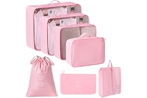 RUNUP Packing Cubes for Suitcases, 7 pcs Waterproof Travel Storage Bags for Luggage, Multifunctional Organizers for Clothes, Shoes, And Toiletries (Pink)