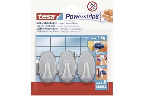 Tesa Powerstrips Crochets Amovibles Oval - Fixation Extra Forte - Crochet Adhésif pour Verre, Carrelage, Bois, Plastique et autres Surfaces - Étanche - Gris - Tenue jusqu'à 1 kg Small