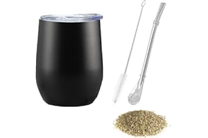 SVUPUE Yerba Mate Cup, Yerba Mate,Double-Wall Yerba Tea Set, Yerba Cup, with Straw Spoon and Cleaning Brush, for Yerba Mate Drink, Coffee, Milk and Juice, Black,12oz(Egg Shape)