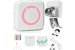 WAKERUG Mini Thermal Printer,Portable Photo Printer,Inkless Printer Compatible with Android and ios,Wireless Labler Maker,Come with 5 Roll Thermal Paper+5 Self-adhesive Paper+5 Colored Pens,for Study,Memo