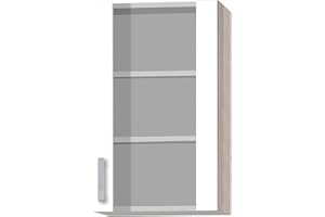 MMR Glas-Hängeschrank Küche Dallas, 1-türig, 50 cm breit, 90 cm hoch, wechselseitig montierbare Tür, Weiß/Akazie Dekor