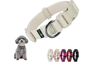 PLAYEXEN Collier Chiot, Collier pour Chien en Coton Doux, Collier Chat Anti étranglement Réglable, Collier Accessoires avec Médaille Amovible pour Chiot Petit Animal Moyen Grande, 25-40/2,0cm (S), Beige