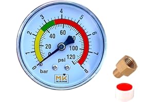MK MEASURING Wasserdruck-Manometer 0-8 Bar / 120 PSI, 1/4 Zoll BSP-Messinganschluss, Anschluss hinten, für Druckminderer und Durchlauferhitzer - mit Teflon- und 1/4"NPT-Adapter