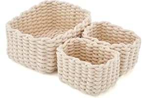 EZOWare Set of 3 Soft Cotton Rope Basket Bin Boxes, Natural Woven Storage Organizer for Nursery, Home Decor, Closet, Toys - Ivory White