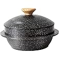Bobikuke Cast Aluminum Pot with Lid, 24 cm Non-Stick Casserole Dish Korean Stone Bowl Induction Compatible, Black