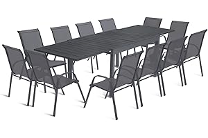 IDMarket - Salon de Jardin Poly Extensible Table 135-270 CM et 12 chaises Gris foncé