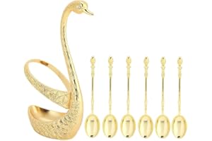 SDFAA 6 Piezas Cuchara de Café de Frutas Doradas, Cisne de Aleación de Zinc, Juego de Cucharas de Postre De Metal, Tenedor de Frutas de Metal con Soporte Base, Para Pasteles, Ensaladas, Cócteles, Postres