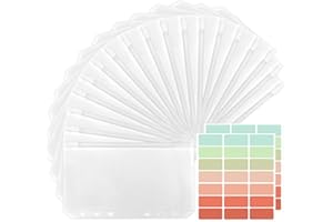 TRUEIN Tasche per Raccoglitori, 18 Trasparente Raccoglitore Tasca, A6 Formato 6 Fori Cerniera Borsa a Fogli Mobili con 2 Fogli Etichette Adesive, Sciolto Foglia Borse per Documenti Notebook Carte Fattura
