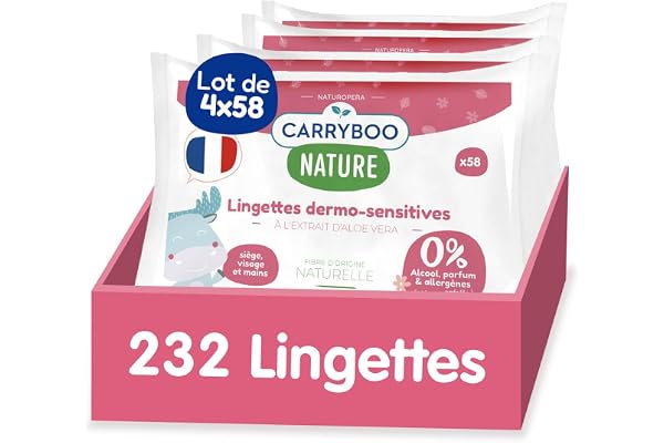 CARRYBOO - Lingettes Dermo-Sensitives - Lingette Bébé Sans Parfum - Nettoyantes Sans Allergènes - Soin Bébé Apaisant pour Peaux Sensibles - 4x58