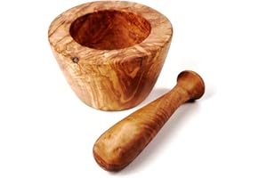 DAS OLIVENHOLZBRETT Mortero y Mano Madera de Olivo, Liso Borde 16cm Diámetro - Tonos De Marrón, 14cm +/- 5%