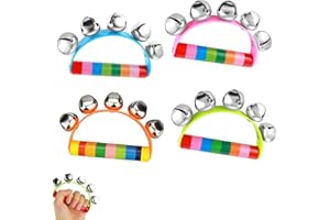 WNXBFO 4 Pcs Half Moon Tambourine Handbell, Tambourines for Adults, Tambourine with 5 Bells, Tambourine for Kids, Hand Held Musical Instrument Shaking Small Jingle Bell Toy