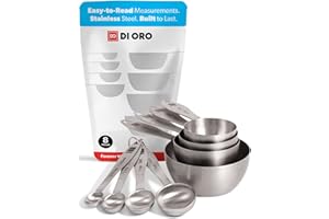 DI ORO LIVING DI ORO® - Lot de tasses et cuillères à mesurer en acier inoxydable - Mesures faciles à lire - Ingrédients secs et liquides - Excellents outils de cuisson - Vont au lave-vaisselle