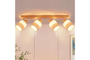 ‎GLITZERLIFE Glitzerlife Deckenstrahler 4 Flammig Deckenleuchte Schlafzimmer - Deckenlampe Holz Vintage Deckenspot E14 mit Stoffschirm Schwenkbar 350° Retro MAX.25W Flur Küche Wohnzimmer, Ohne Leuchtmittel