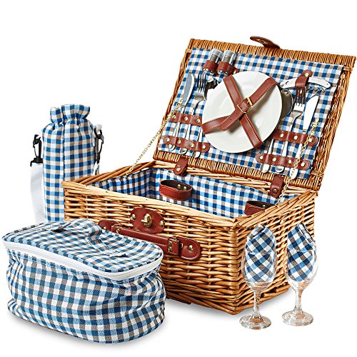 Andrew James Traditioneller Premium Picknickkorb aus Weide für 2 Personen – Mit Besteckt Set und Kühltasche Set
