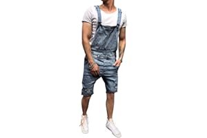 Oanviso Salopette Corta in Denim da Uomo Tinta Unita/Foro Strappato Jumpsuit con Cinturino Regolabile Multi-Tasche Casual Jeans Comodo Salopette Classico Vintage Abiti da Lavoro