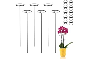 HUMBGO Metal Plant Support Stakes for Garden - 6 Pack 40cm Tall Plant Cage Support Rings with 10 pcs Plant Clips Single Stem Plant Support for Vegetable Tomatoes Peony Rose Flowers Stem Climbing