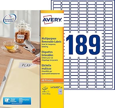 Avery 4725 Etiquettes Autocollantes Amovibles (189 par feuille) - 25,4x10mm - Impression Laser, Jet d'Encre - Blanc (L4731REV)