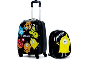 DREAMADE Valise Enfant 16" et Sac à Dos 12", Bagage à Main Coloré Filles et Garçons, Cabine Enfant avec Motif Monstre, Valise Enfant Roulette avec 4 Roues Pivotante à 360°en Dessin(Monstre)