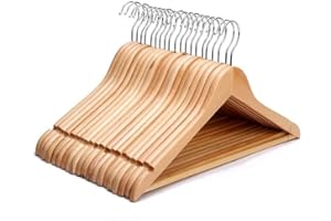 Rainberg Wooden Hangers, Coat Hangers, Made with Natural Wood and Non-Slip Trouser bar, 360 Degree Rotatory Hook, Extra Smooth Finish, Strong Shoulder Notches (Pack Of 20)