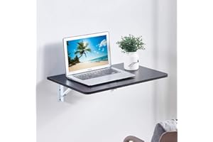 Urkitd Wall Mounted Folding Desk, Floating Folding Table, Drop Leaf Dining Table, Mounted Desk for Small Spaces, Wooden Space Saving Hanging Table for Study Bedroom Laundry Balcony Kitchen, Black