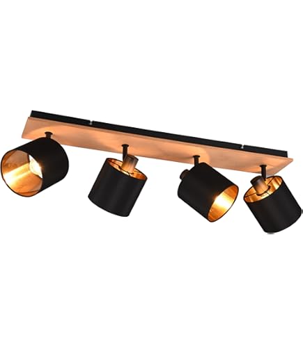Plafondlamp Alsen, ronde plafondlamp van metaal/stof in zwart/goud, 3 lampen, met verstelbare spots, 3 x E14 max. 28