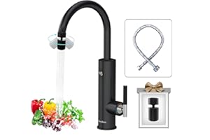 Briwellna elektrische wasserhahn 220V wasserhahn mit durchlauferhitzer 360 Grad Rotieren und Digitalanzeige,Warmwasserhahn mit Universelle Düse (Schwarz)