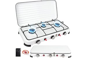 BSTECIAR Cocina Gas Portátil 3 Fuegos Eencendido Piezoeléctrico, 5.4kw Camping Hornillo de Gas con Tapa, Exterior Festivales Hornillo Quemador de Gas al Aire Libre (blanco brillante)