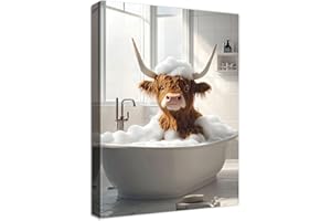 HALFLEMART Wooden Framed Canvas Wall Art Funny Bathroom Highland Cow Wall Art Painting on Canvas Prints Poster Bathing Cow Animals Humor Pictures for Living Room Bedroom Hallway Corridor Bar Decor 30x40cm
