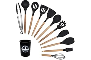 HOMESOFT Lot Ustensiles de Cuisine, 12 pièces, Silicone et Bois (Noir)