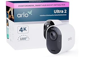 Arlo Ultra 2 Überwachungskamera Aussen WLAN, Kabellos, 4K UHD Qualitätsprodukt, 180° Sichtfeld, Spotlight, Farb-Nachtsicht, Bewegungsmelder, Alarm Sirene, Zusatzkamera mit Akku, SmartHub Benötigt
