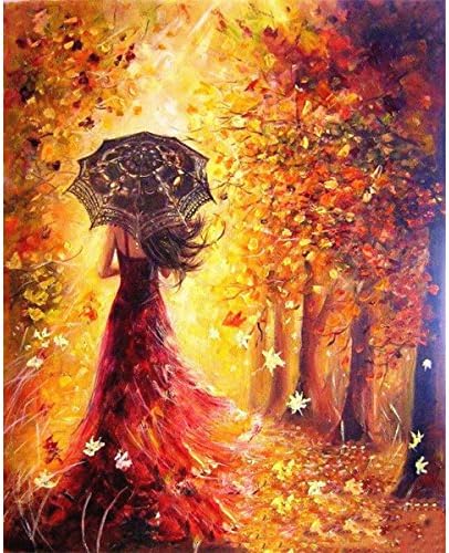 Paint by Numbers DIY Oil Painting Beauty And Leaves Canvas Print Wall Art Home Decoration by Umbrella girl , Without Frame