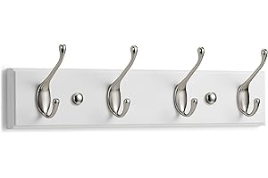 LARHN Appendiabiti da Parete Bianco – 4 Ganci Doppi – 42 cm – Attaccapanni da Muro Moderno in Legno per Ingresso, Cameretta e Bagno